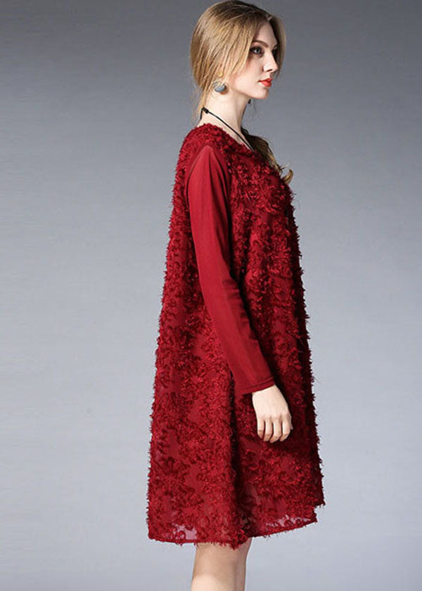 Elegant Mulberry O-Neck Jacquard Chiffon Vacation Dresses Long Sleeve