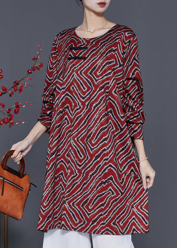 Elegant Mulberry Print Chinese Button Cotton Mid Dress Spring