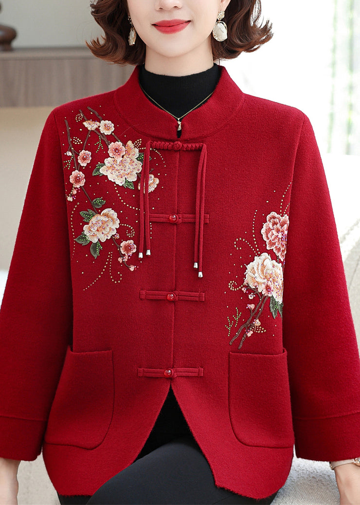 Elegant Mulberry Print Pockets Wool Knit Coats Spring