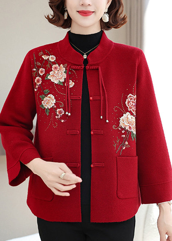 Elegant Mulberry Print Pockets Wool Knit Coats Spring