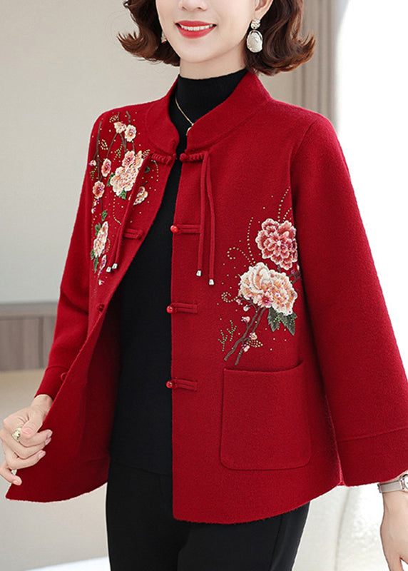 Elegant Mulberry Print Pockets Wool Knit Coats Spring