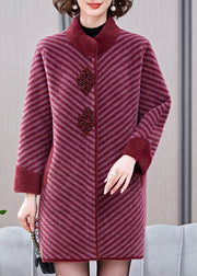 Elegant Mulberry Striped Patchwork Mink Velvet Coats Spring