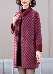 Elegant Mulberry Striped Patchwork Mink Velvet Coats Spring