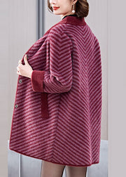 Elegant Mulberry Striped Patchwork Mink Velvet Coats Spring