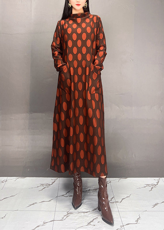 Elegant Mulberry Turtleneck Dot Print Maxi Dress Spring