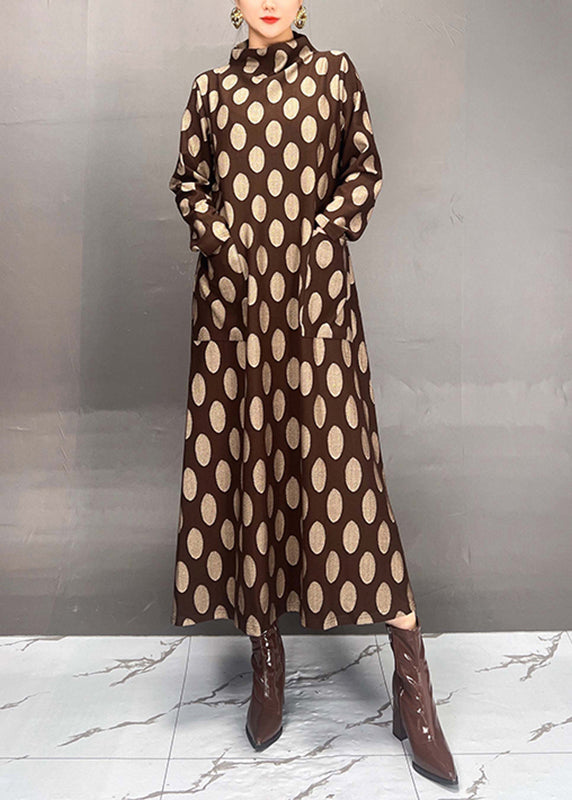 Elegant Mulberry Turtleneck Dot Print Maxi Dress Fall