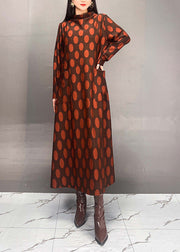 Elegant Mulberry Turtleneck Dot Print Maxi Dress Spring