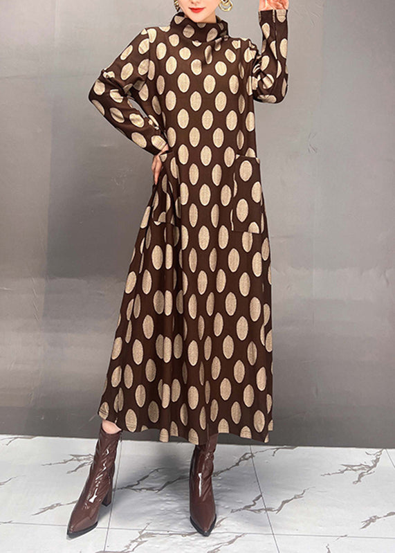 Elegant Mulberry Turtleneck Dot Print Maxi Dress Spring