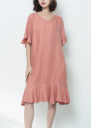 Elegant Mulberry V Neck Ruffled Patchwork Long Dress Summer