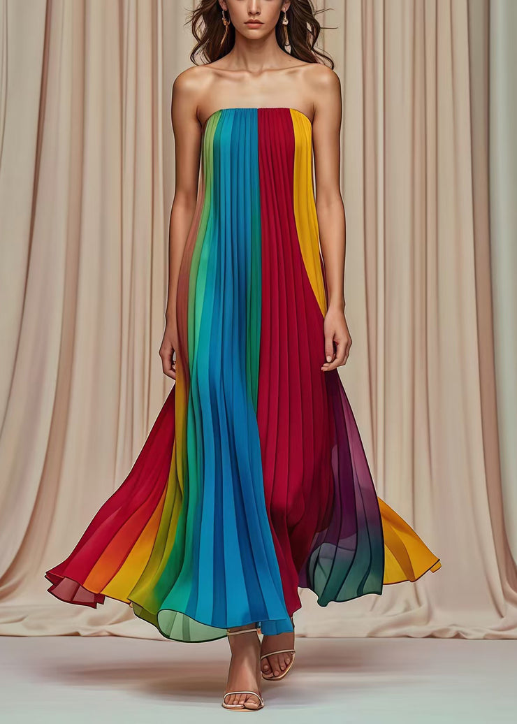 Elegant Multicolor Cold Shoulder Wrinkled Chiffon Strapless Dress Summer