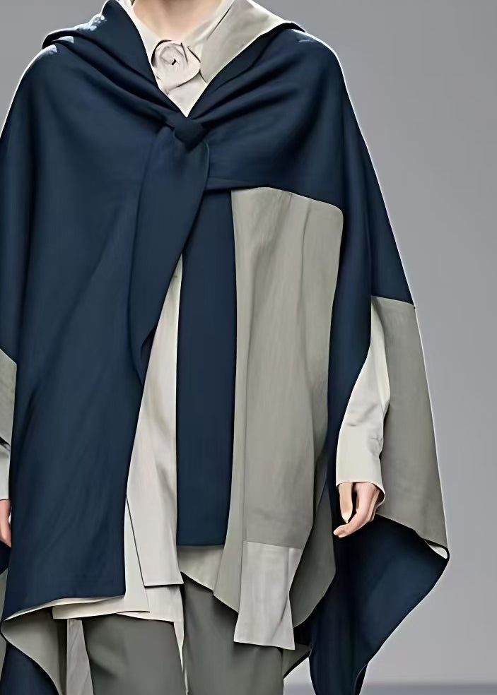 Elegant Navy Asymmetrical Patchwork Cotton Coat Fall