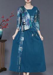 Elegant Navy Asymmetrical Patchwork Silk Oriental Dresses Two Piece Set Spring
