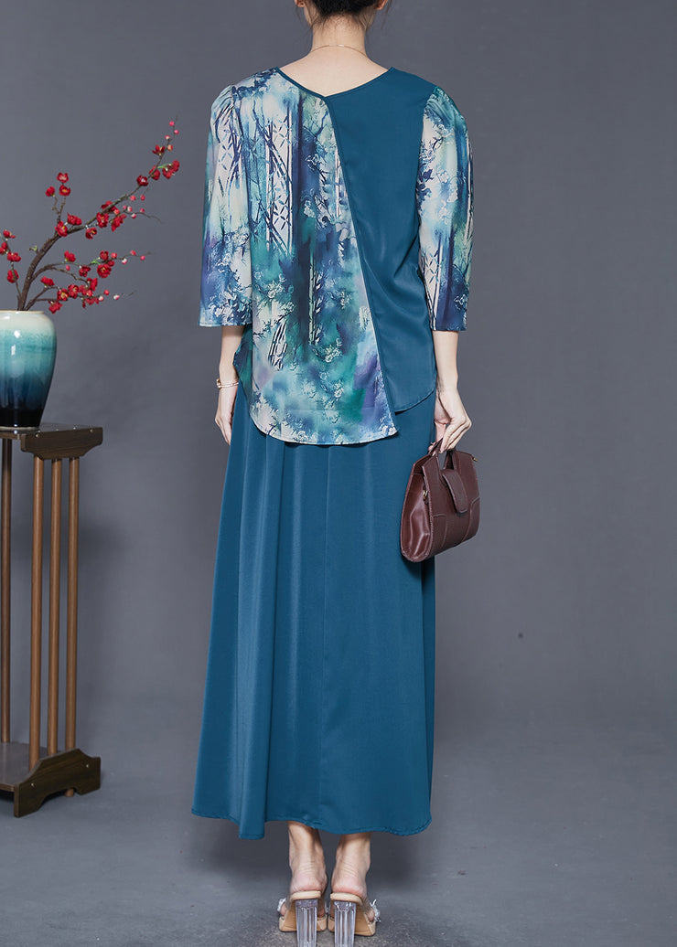 Elegant Navy Asymmetrical Patchwork Silk Oriental Dresses Two Piece Set Spring