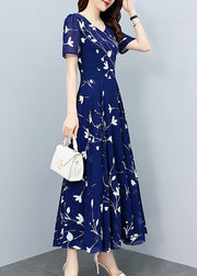 Elegant Navy Blue V Neck Print Slim Chiffon Maxi Dresses Summer