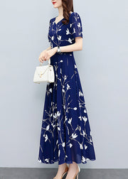 Elegant Navy Blue V Neck Print Slim Chiffon Maxi Dresses Summer