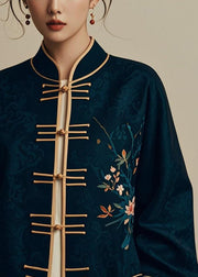 Elegant Navy Chinese Button PrintSilk Coats Fall