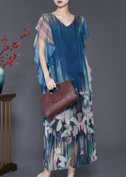 Elegant Navy Floral Print Silk Holiday Dress Butterfly Sleeve