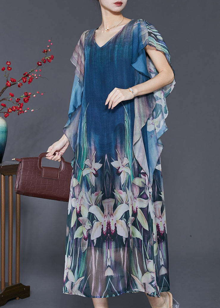 Elegant Navy Floral Print Silk Holiday Dress Butterfly Sleeve