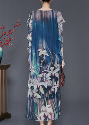 Elegant Navy Floral Print Silk Holiday Dress Butterfly Sleeve