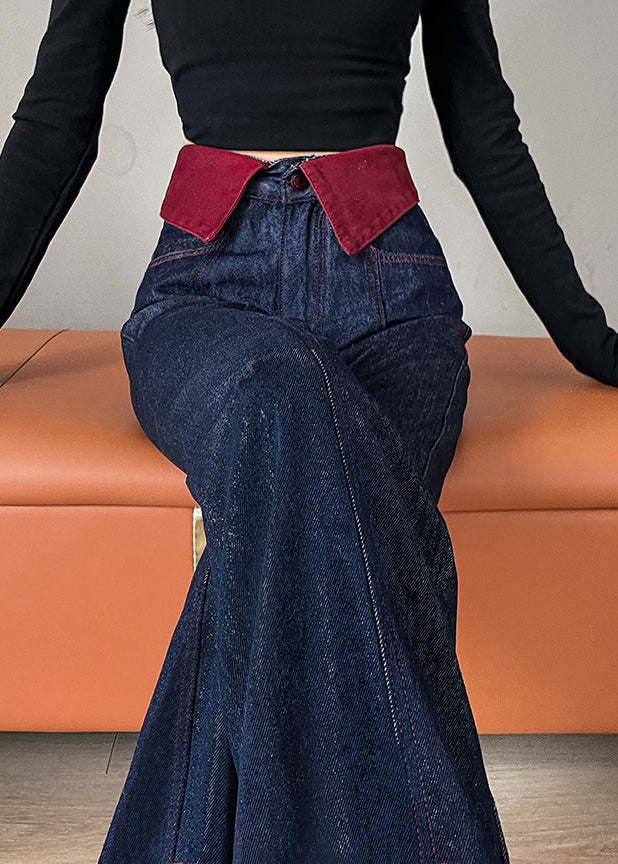 Elegant Navy High Waist Patchwork Denim Straight Pants Spring