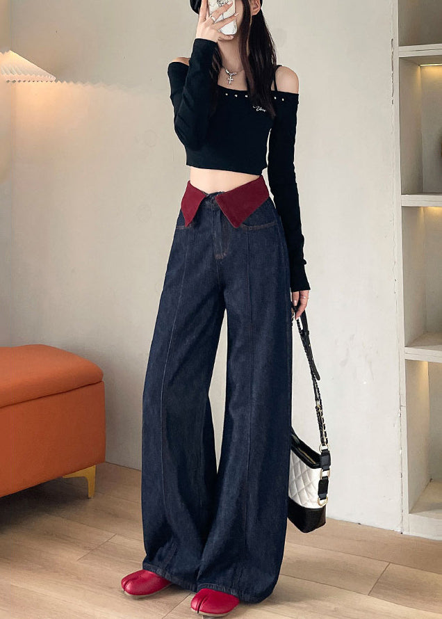 Elegant Navy High Waist Patchwork Denim Straight Pants Spring