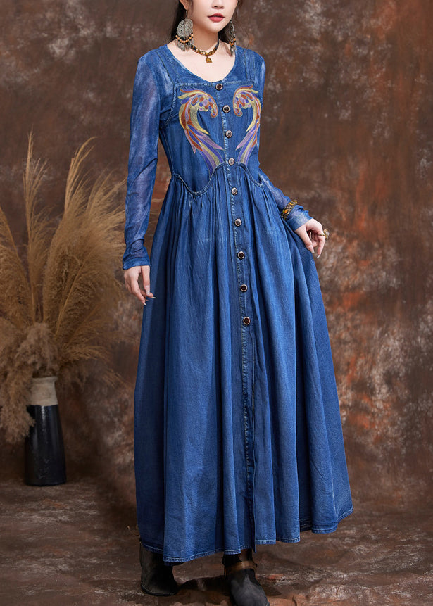 Elegant Navy O-Neck Embroidered Button Robe Denim Dresses Spring