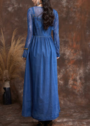 Elegant Navy O-Neck Embroidered Button Robe Denim Dresses Spring