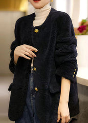 Elegant Navy O Neck Pockets Button Patchwork Wool Coat Winter