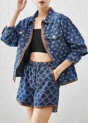 Elegant Navy Oversized Print Denim Two Piece Suit Set Fall