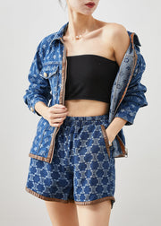 Elegant Navy Oversized Print Denim Two Piece Suit Set Fall