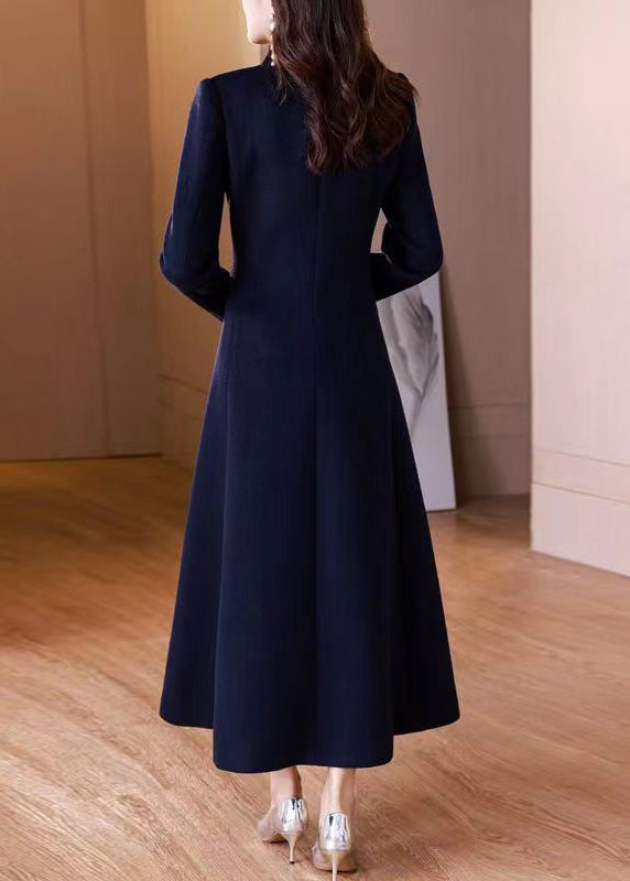 Elegant Navy Peter Pan Collar Button Woolen Long Coat Winter