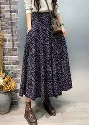 Elegant Navy Pockets Elastic Waist Cotton Skirt Fall