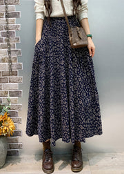 Elegant Navy Pockets Elastic Waist Cotton Skirt Fall