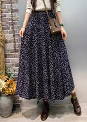 Elegant Navy Pockets Elastic Waist Cotton Skirt Fall