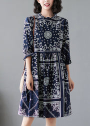 Elegant Navy Ruffled Print Linen Dresses Half Sleeve