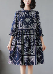 Elegant Navy Ruffled Print Linen Dresses Half Sleeve