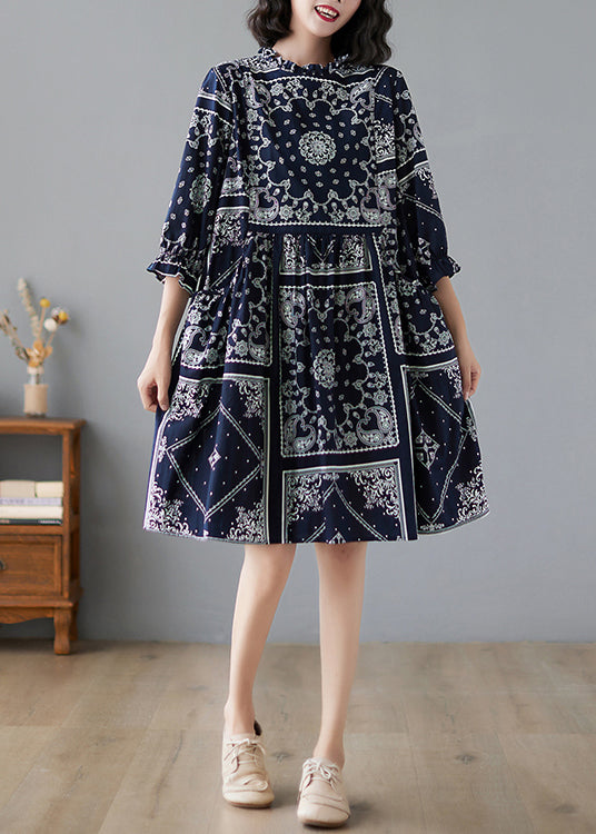 Elegant Navy Ruffled Print Linen Dresses Half Sleeve