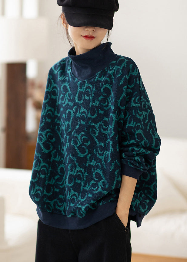 Elegant Navy Turtle Neck Print Cotton Sweatshirt Spring