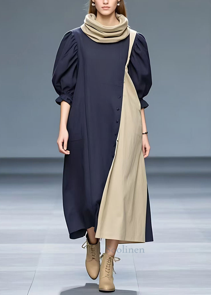 Elegant Navy Turtleneck Patchwork Cotton Long Dresses Half Sleeve