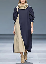 Elegant Navy Turtleneck Patchwork Cotton Long Dresses Half Sleeve