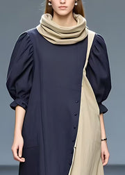 Elegant Navy Turtleneck Patchwork Cotton Long Dresses Half Sleeve