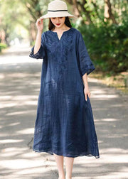 Elegant Navy V Neck Embroidered Patchwork Linen Dresses Summer