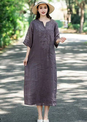 Elegant Navy V Neck Embroidered Patchwork Linen Dresses Summer