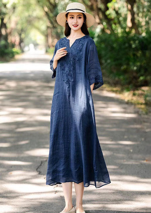 Elegant Navy V Neck Embroidered Patchwork Linen Dresses Summer