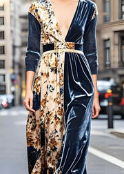 Elegant Navy V Neck Patchwork Print Silk Velvet Dresses Spring