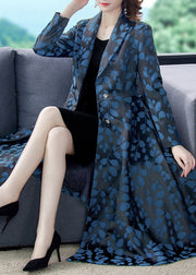 Elegant Notched Print Pockets Tie Waist Silk Trench Coats Long Sleeve