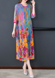 Elegant O-Neck Oversized Print Silk Long Dress Bracelet Sleeve