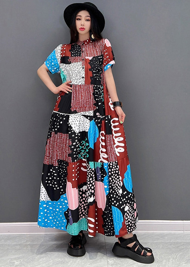 Elegant O-Neck Print Button Long Dresses Short Sleeve