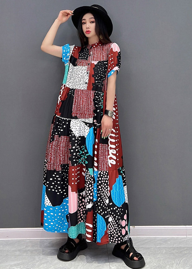 Elegant O-Neck Print Button Long Dresses Short Sleeve