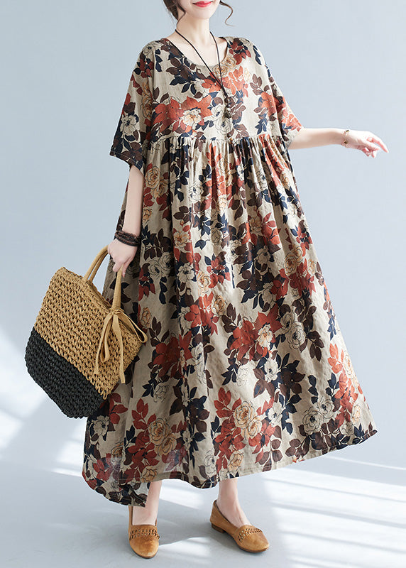 Elegant O-Neck Print Patchwork Long Dresses Short Sleeve